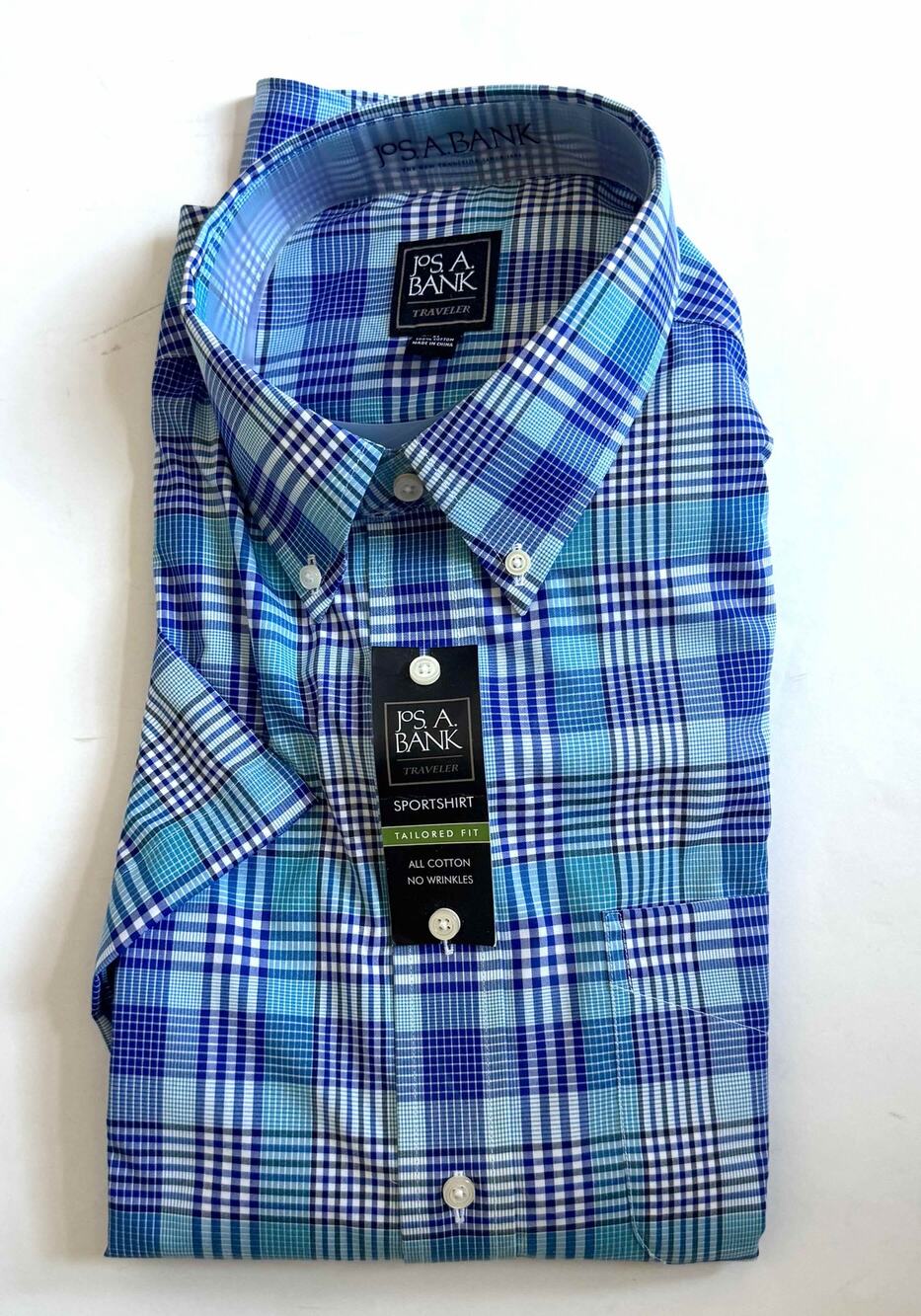 Jos. A. Bank Plaid Short Sleeve Collared Button Down Shirt Blue White XL NEW